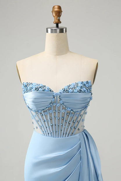 Amzcw Stylish Blue Bodycon Sweetheart Pleated Corset Short Homecoming Dress with Beading