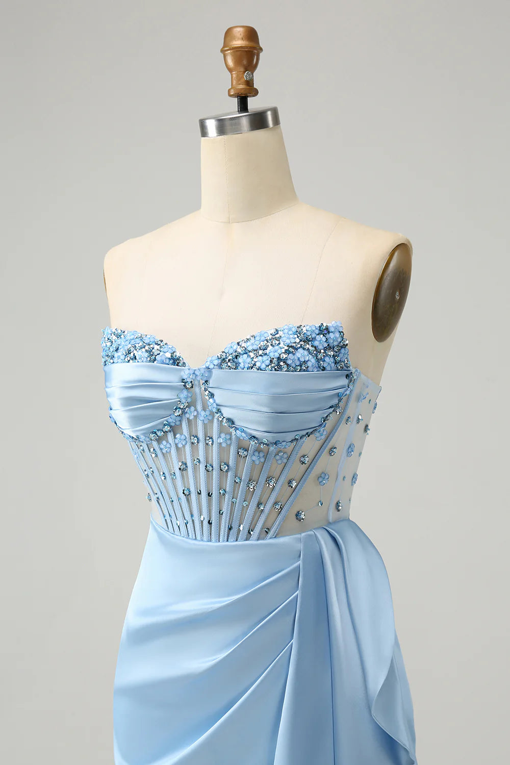 Amzcw Stylish Blue Bodycon Sweetheart Pleated Corset Short Homecoming Dress with Beading