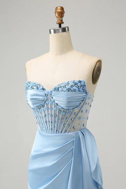 Amzcw Stylish Blue Bodycon Sweetheart Pleated Corset Short Homecoming Dress with Beading