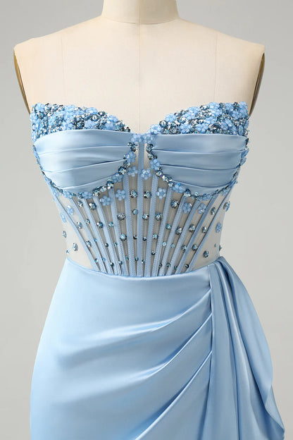 Amzcw Stylish Blue Bodycon Sweetheart Pleated Corset Short Homecoming Dress with Beading