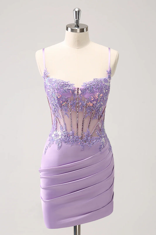 Amzcw Unique Glitter Purple Corset Pleated Tight Homecoming Dress with Sequins