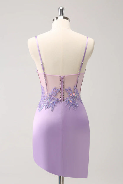 Amzcw Unique Glitter Purple Corset Pleated Tight Homecoming Dress with Sequins