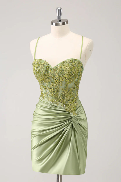 Amzcw Stylish Army Green Tight Lace Up Back Corset Sequin Homecoming Dress with Appliques