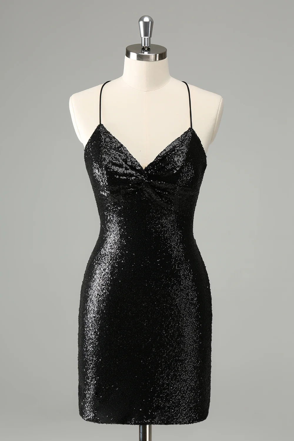 Amzcw Black Bodycon Spaghetti Straps Sequins Short Homecoming Dress with Lace-up Back