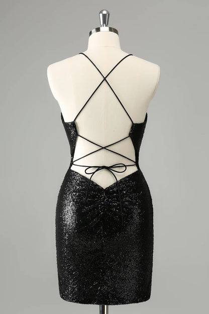 Amzcw Black Bodycon Spaghetti Straps Sequins Short Homecoming Dress with Lace-up Back