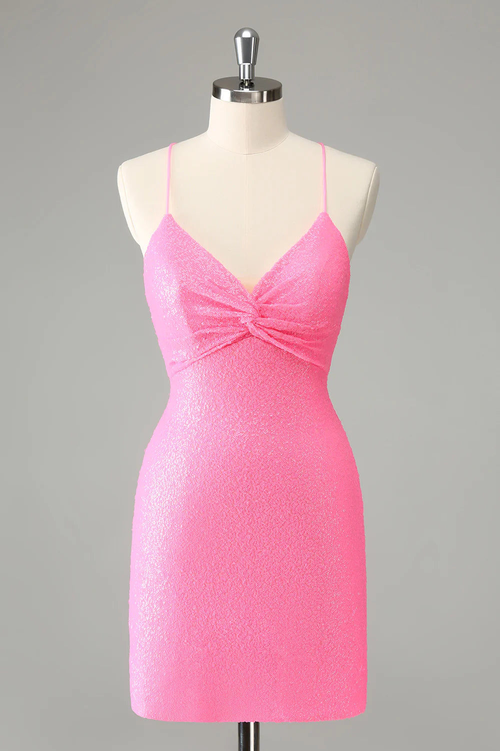 Amzcw Pink Bodycon Spaghetti Straps Sequins Short Homecoming Dress with Lace-up Back