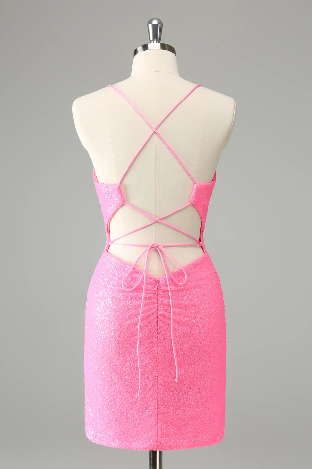 Amzcw Pink Bodycon Spaghetti Straps Sequins Short Homecoming Dress with Lace-up Back