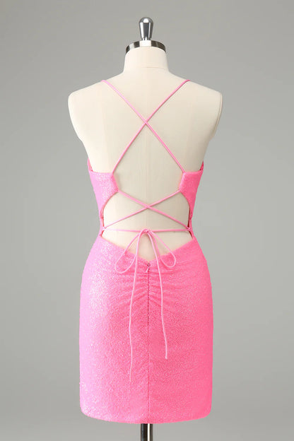 Amzcw Pink Bodycon Spaghetti Straps Sequins Short Homecoming Dress with Lace-up Back