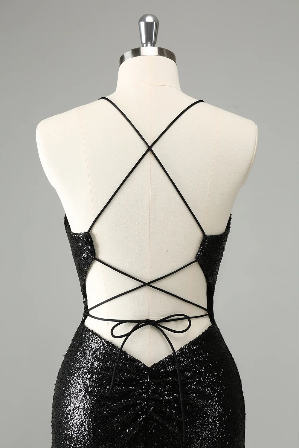 Amzcw Black Bodycon Spaghetti Straps Sequins Short Homecoming Dress with Lace-up Back