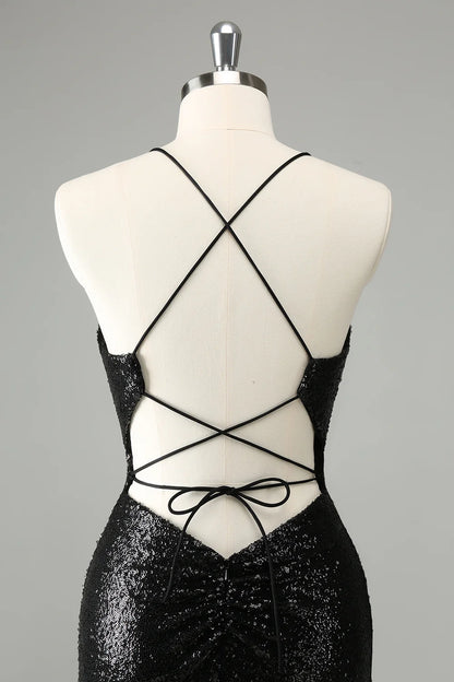 Amzcw Black Bodycon Spaghetti Straps Sequins Short Homecoming Dress with Lace-up Back