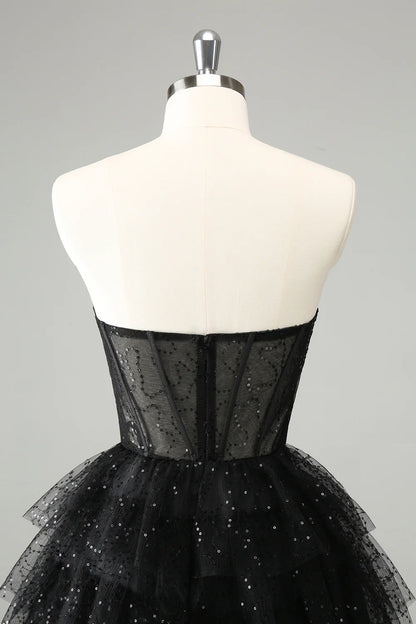 Amzcw Cute Sparkly Black A Line Sweetheart Pleated Corset Homecoming Dress with Sequins