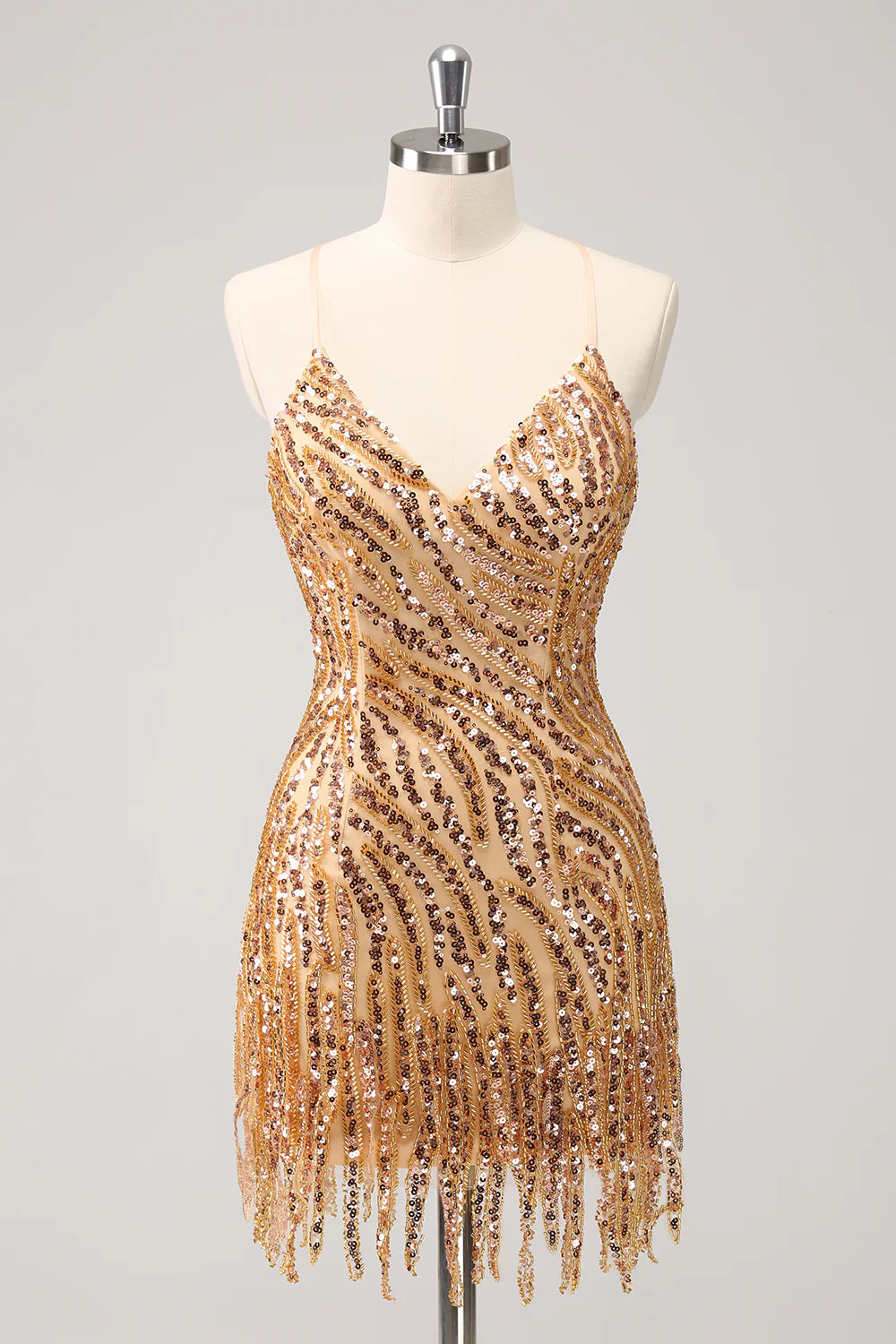 Amzcw Sparkly Unique Gold Bodycon Spaghetti Straps Sequin Homecoming Dress with Tassel
