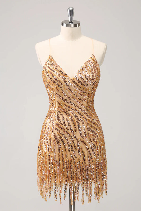 Amzcw Sparkly Unique Gold Bodycon Spaghetti Straps Sequin Homecoming Dress with Tassel