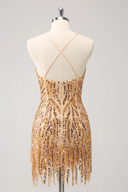 Amzcw Sparkly Unique Gold Bodycon Spaghetti Straps Sequin Homecoming Dress with Tassel