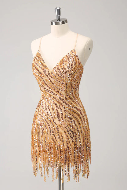 Amzcw Sparkly Unique Gold Bodycon Spaghetti Straps Sequin Homecoming Dress with Tassel