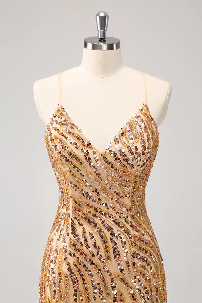 Amzcw Sparkly Unique Gold Bodycon Spaghetti Straps Sequin Homecoming Dress with Tassel