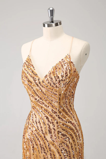Amzcw Sparkly Unique Gold Bodycon Spaghetti Straps Sequin Homecoming Dress with Tassel
