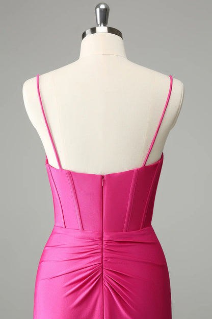 Amzcw Fuchsia Tight Spaghetti Straps Pleated Short Homecoming Dress