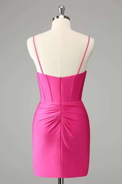 Amzcw Fuchsia Tight Spaghetti Straps Pleated Short Homecoming Dress
