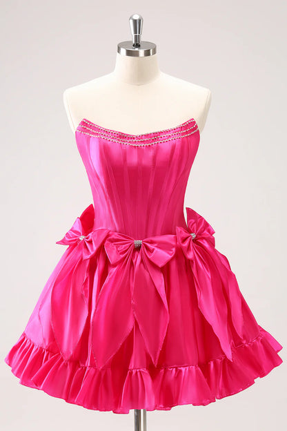 Amzcw Cute Fuchsia A Line Strapless Corset Ruffle Beaded Homecoming Dress with Bows