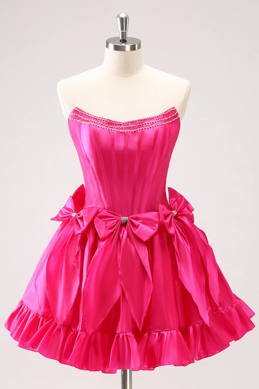 Amzcw Cute Fuchsia A Line Strapless Corset Ruffle Beaded Homecoming Dress with Bows