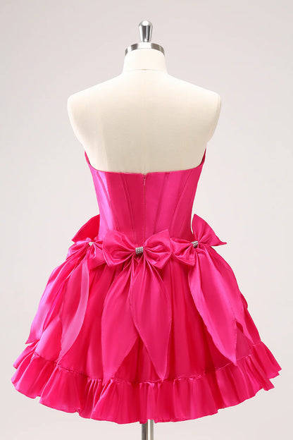 Amzcw Cute Fuchsia A Line Strapless Corset Ruffle Beaded Homecoming Dress with Bows