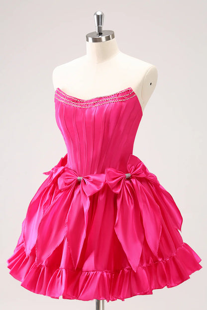 Amzcw Cute Fuchsia A Line Strapless Corset Ruffle Beaded Homecoming Dress with Bows