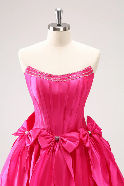 Amzcw Cute Fuchsia A Line Strapless Corset Ruffle Beaded Homecoming Dress with Bows