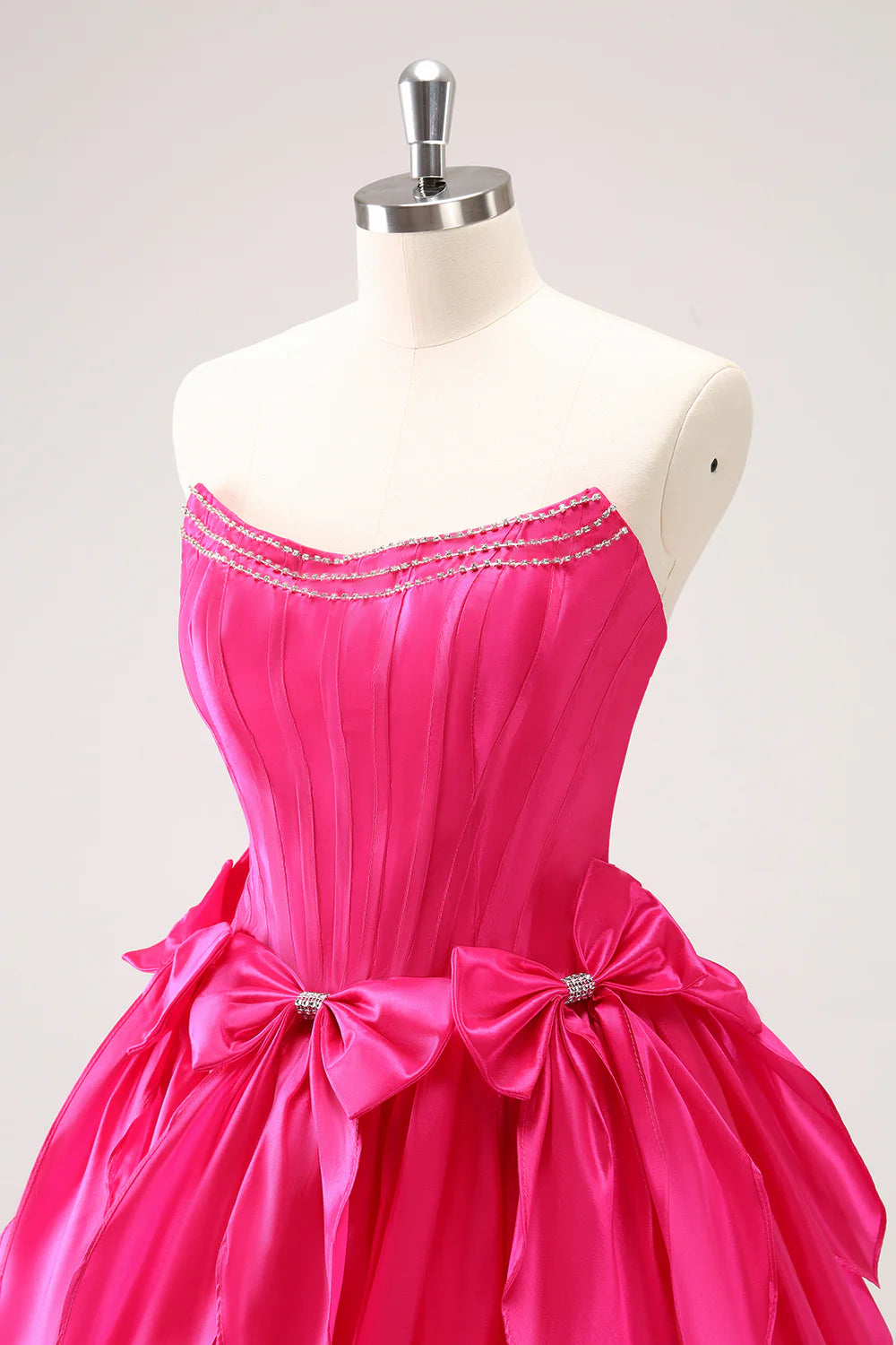 Amzcw Cute Fuchsia A Line Strapless Corset Ruffle Beaded Homecoming Dress with Bows
