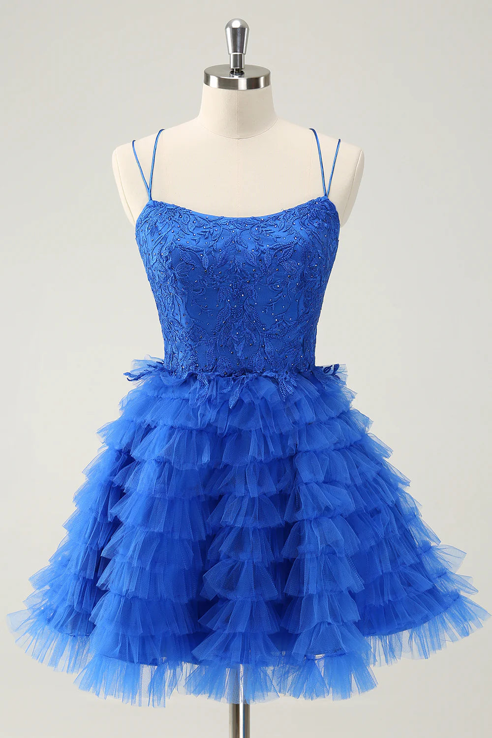 Amzcw Cute Blue A Line Spaghetti Straps Tiered Short Homecoming Dress with Beading