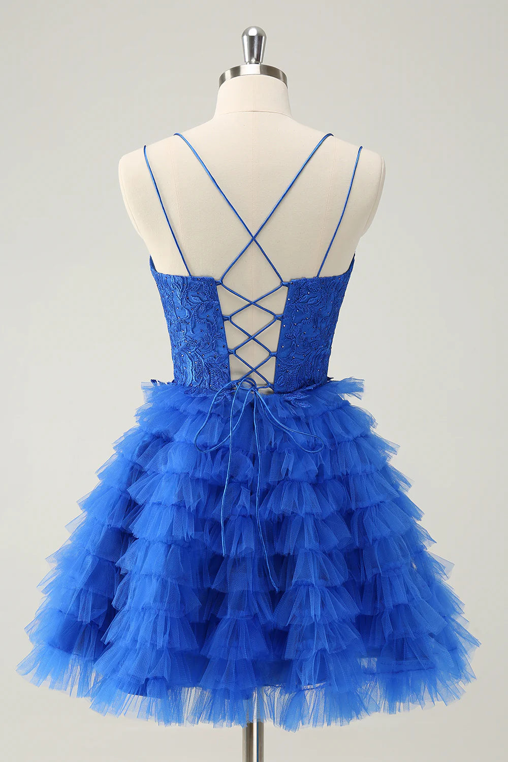 Amzcw Cute Blue A Line Spaghetti Straps Tiered Short Homecoming Dress with Beading