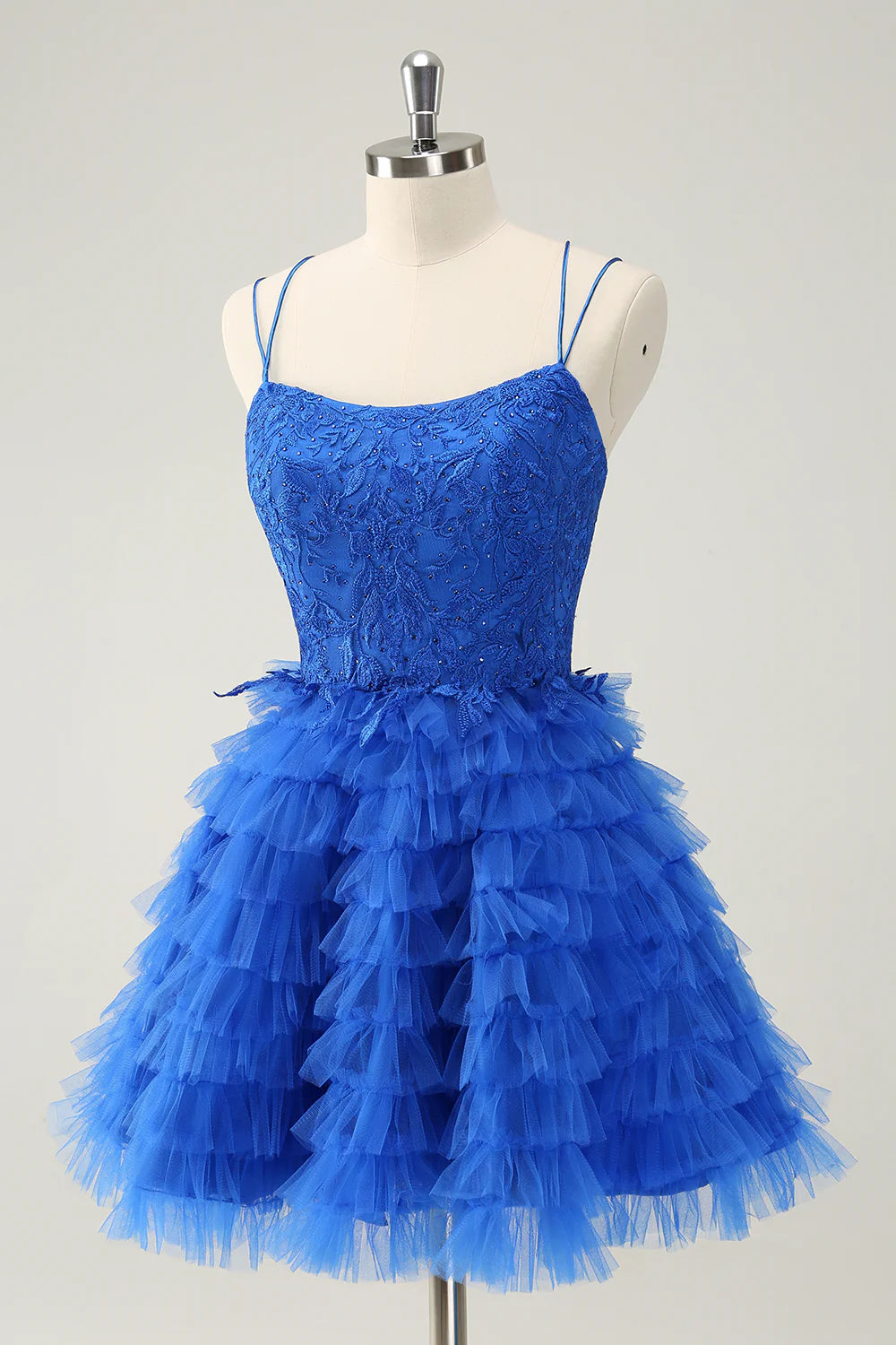 Amzcw Cute Blue A Line Spaghetti Straps Tiered Short Homecoming Dress with Beading
