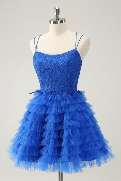 Amzcw Cute Blue A Line Spaghetti Straps Tiered Short Homecoming Dress with Beading