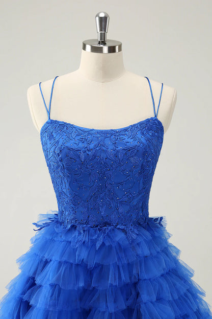 Amzcw Cute Blue A Line Spaghetti Straps Tiered Short Homecoming Dress with Beading