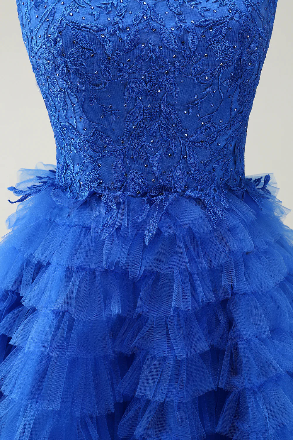Amzcw Cute Blue A Line Spaghetti Straps Tiered Short Homecoming Dress with Beading