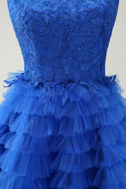 Amzcw Cute Blue A Line Spaghetti Straps Tiered Short Homecoming Dress with Beading