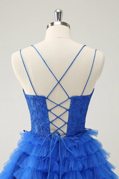 Amzcw Cute Blue A Line Spaghetti Straps Tiered Short Homecoming Dress with Beading