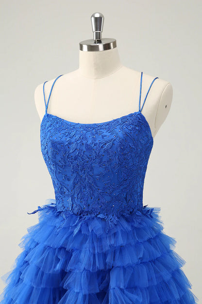 Amzcw Cute Blue A Line Spaghetti Straps Tiered Short Homecoming Dress with Beading