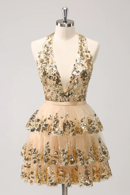 Amzcw Sparkly Gold A Line Halter Corset Tiered Backless Homecoming Dress with Sequins
