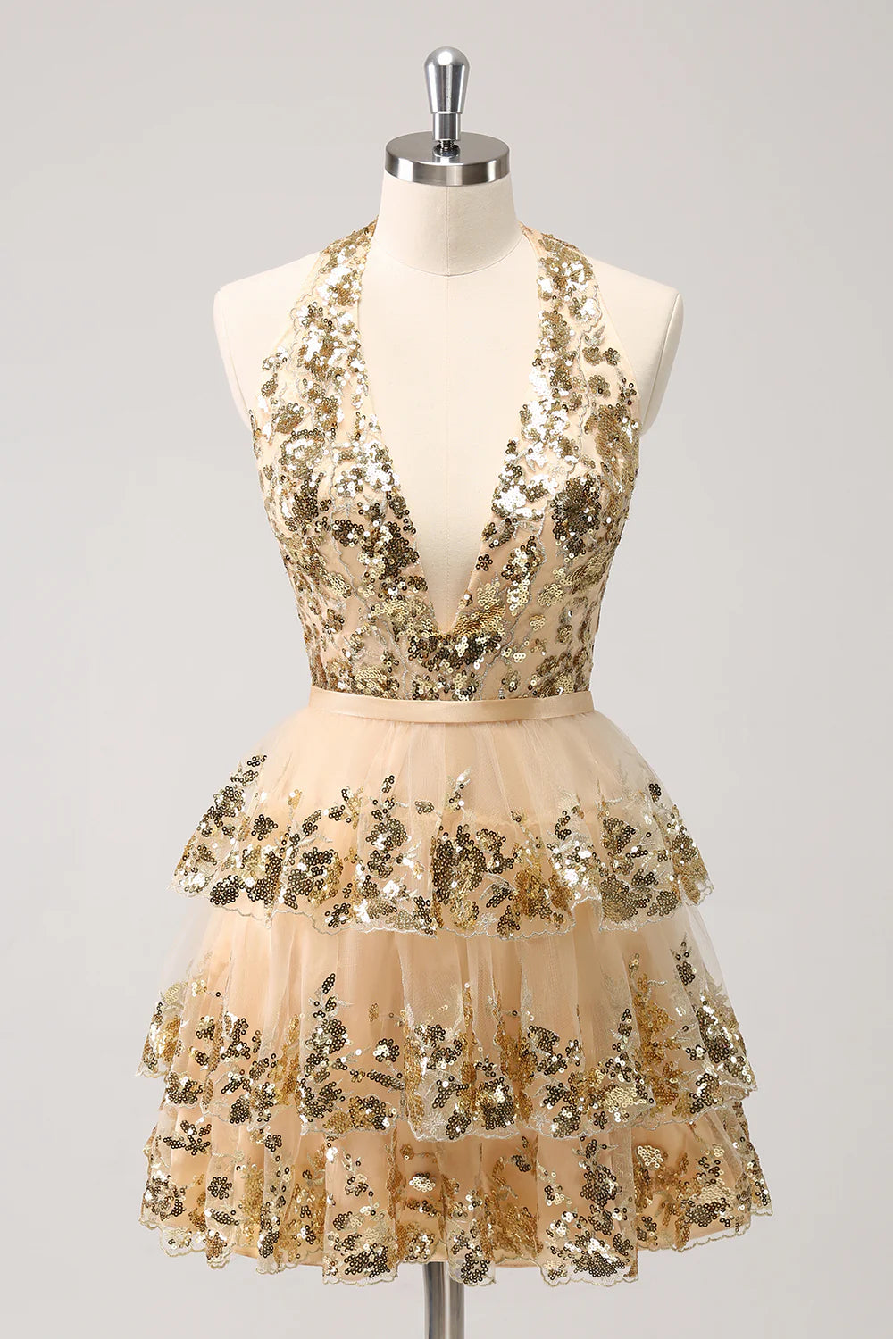 Amzcw Sparkly Gold A Line Halter Corset Tiered Backless Homecoming Dress with Sequins