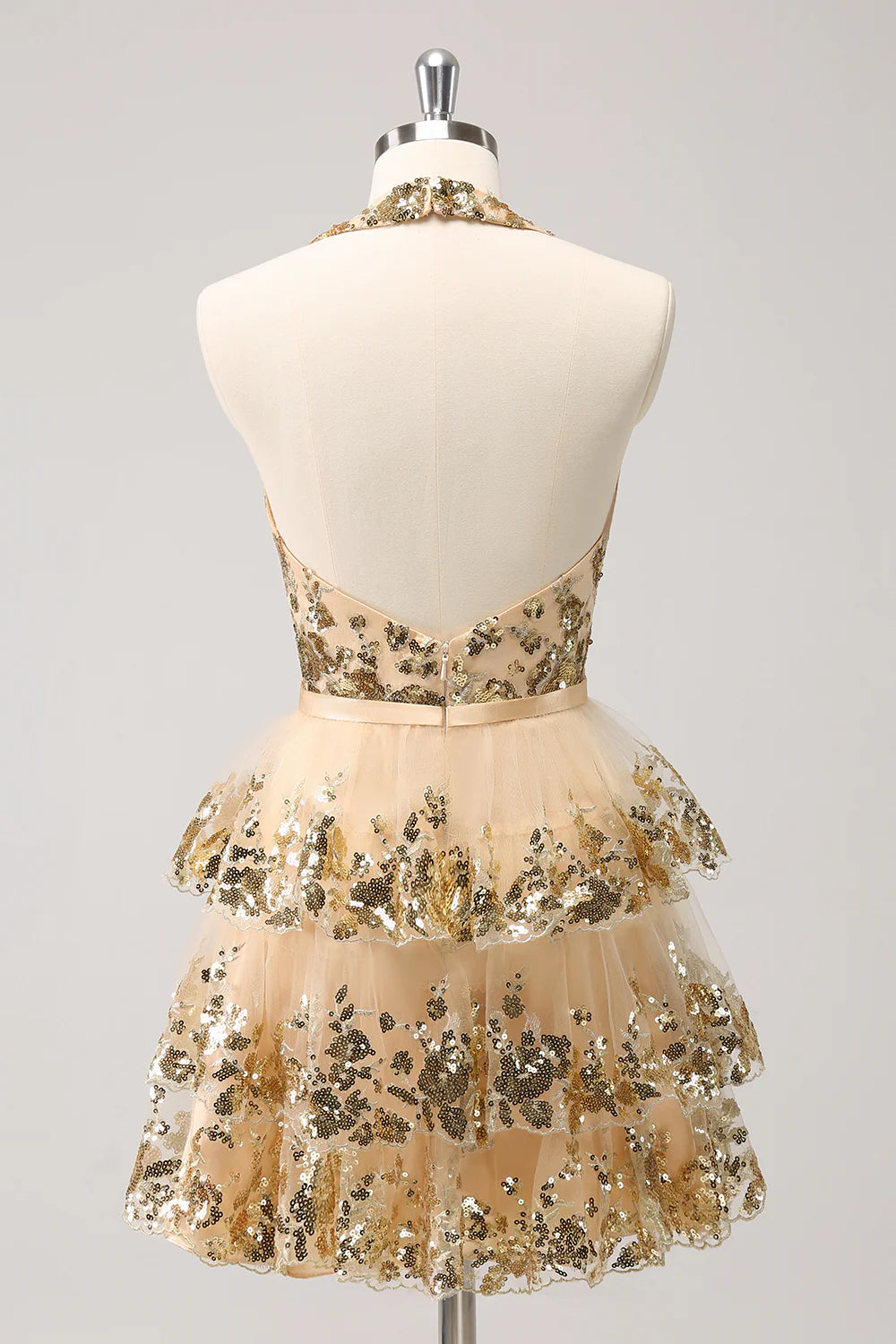 Amzcw Sparkly Gold A Line Halter Corset Tiered Backless Homecoming Dress with Sequins