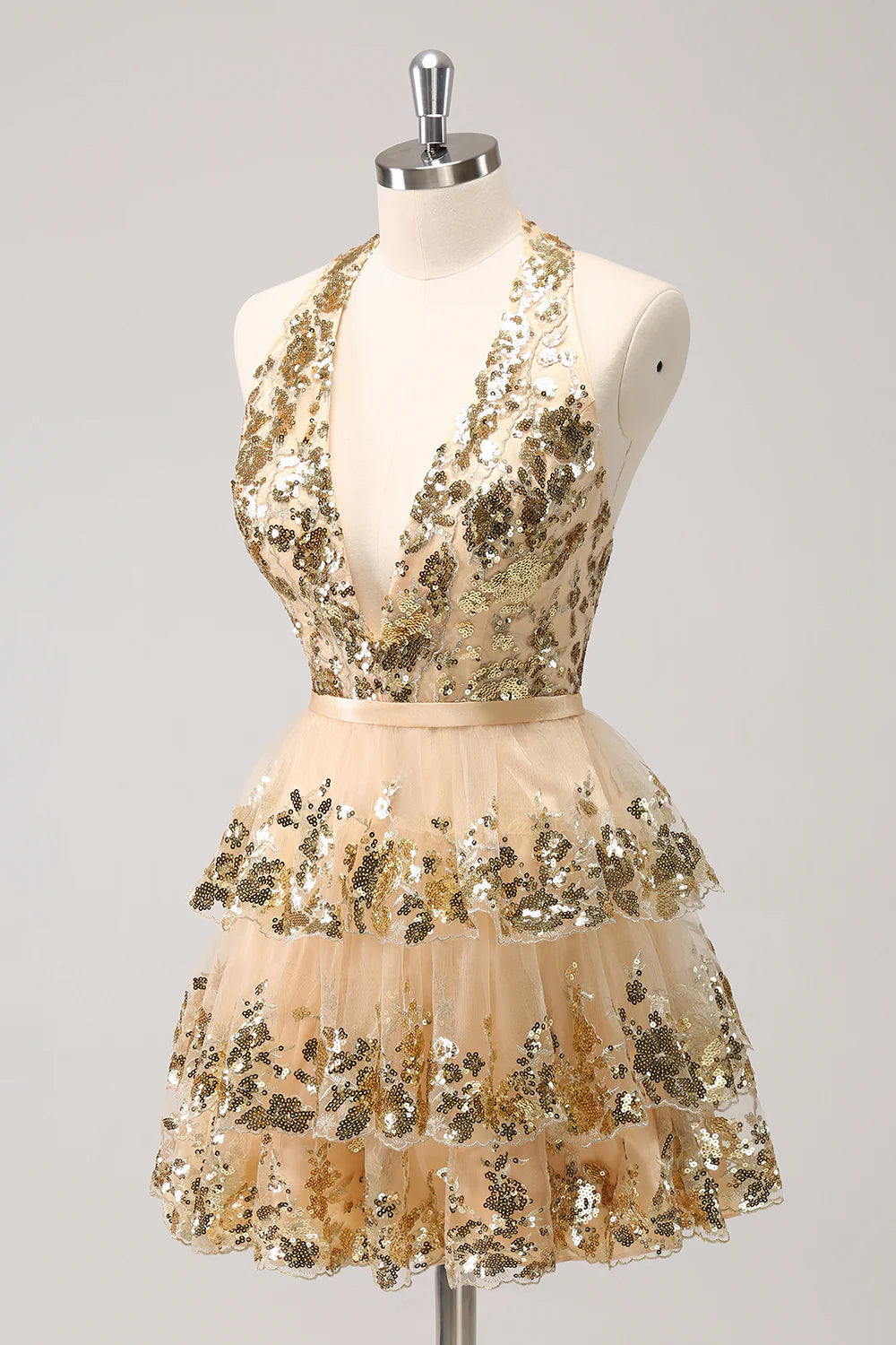 Amzcw Sparkly Gold A Line Halter Corset Tiered Backless Homecoming Dress with Sequins