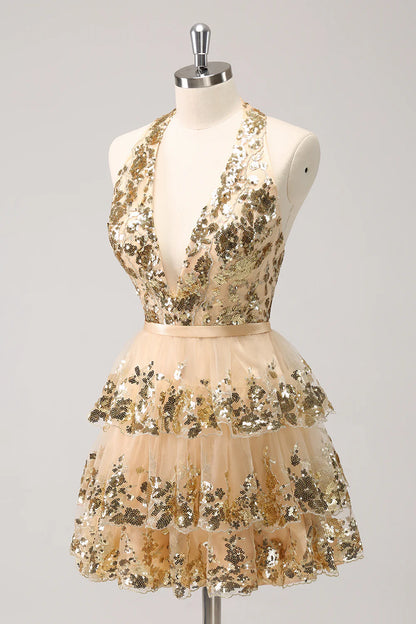 Amzcw Sparkly Gold A Line Halter Corset Tiered Backless Homecoming Dress with Sequins