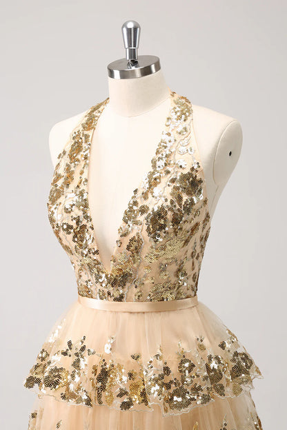 Amzcw Sparkly Gold A Line Halter Corset Tiered Backless Homecoming Dress with Sequins