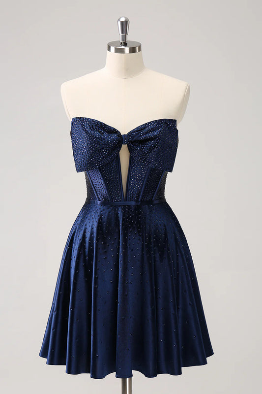 Amzcw Cute Navy A Line Strapless Hollow Out Corset Beaded Homecoming Dress with Bow