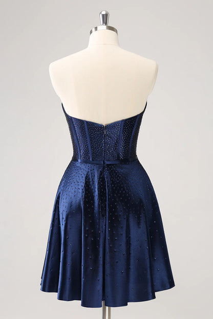 Amzcw Cute Navy A Line Strapless Hollow Out Corset Beaded Homecoming Dress with Bow