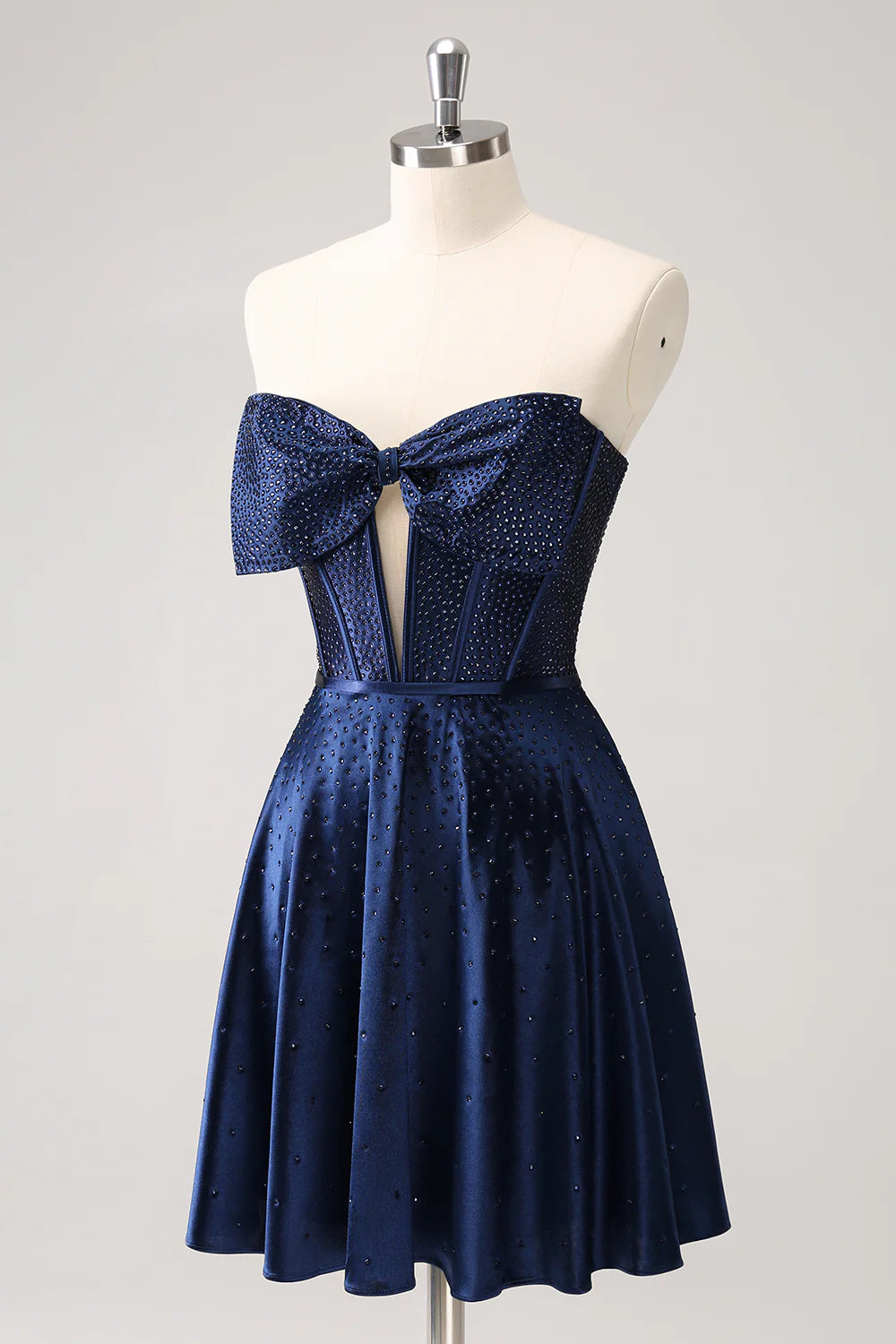 Amzcw Cute Navy A Line Strapless Hollow Out Corset Beaded Homecoming Dress with Bow