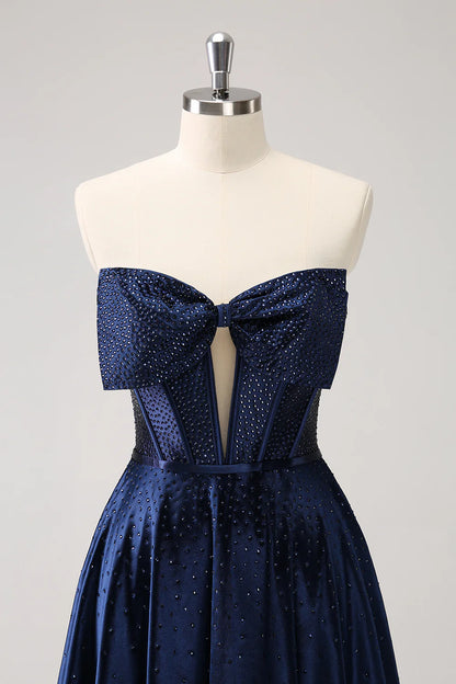 Amzcw Cute Navy A Line Strapless Hollow Out Corset Beaded Homecoming Dress with Bow