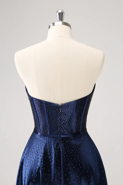 Amzcw Cute Navy A Line Strapless Hollow Out Corset Beaded Homecoming Dress with Bow