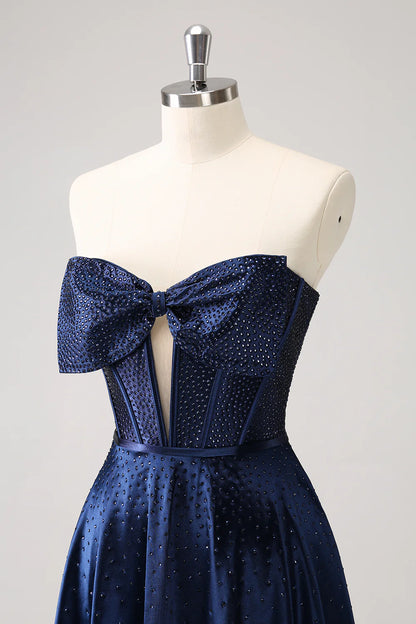 Amzcw Cute Navy A Line Strapless Hollow Out Corset Beaded Homecoming Dress with Bow